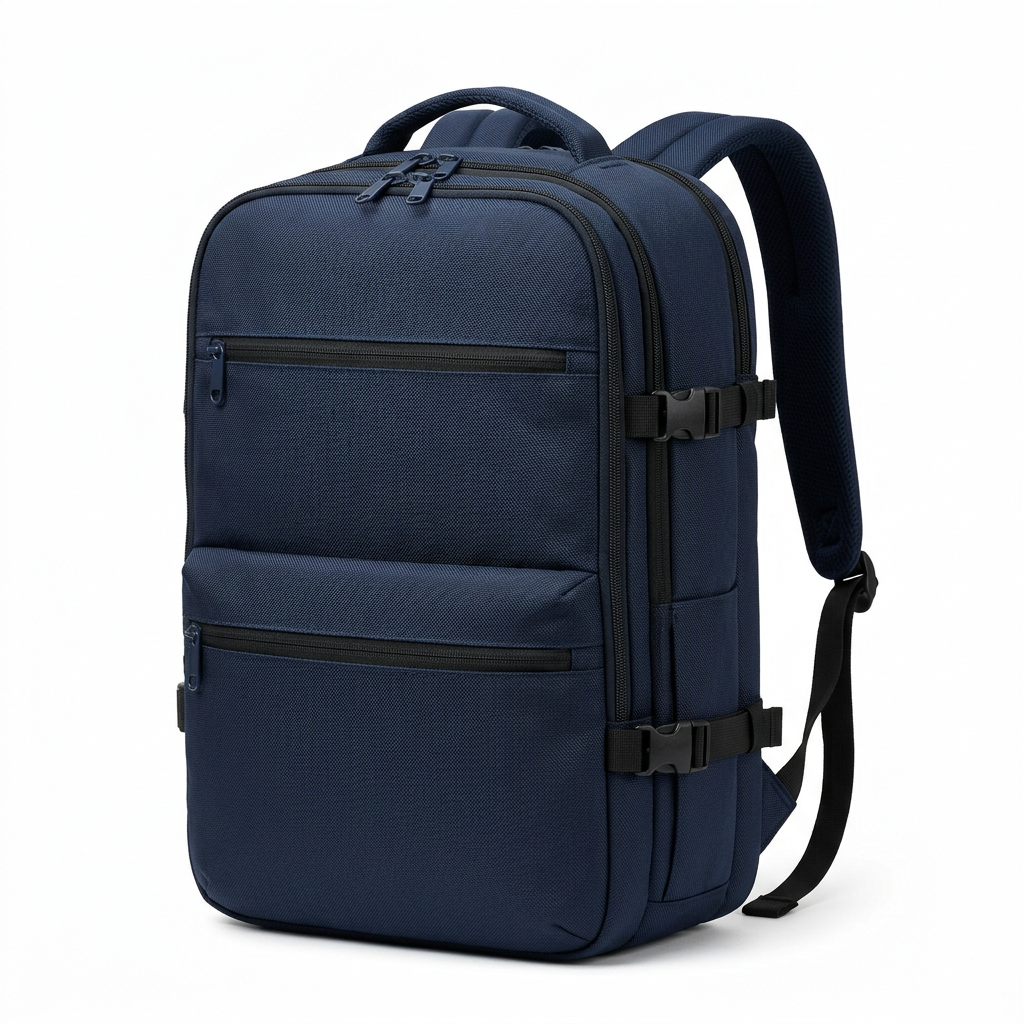 Navy Structured Travel Backpack concept: white-background concept hero