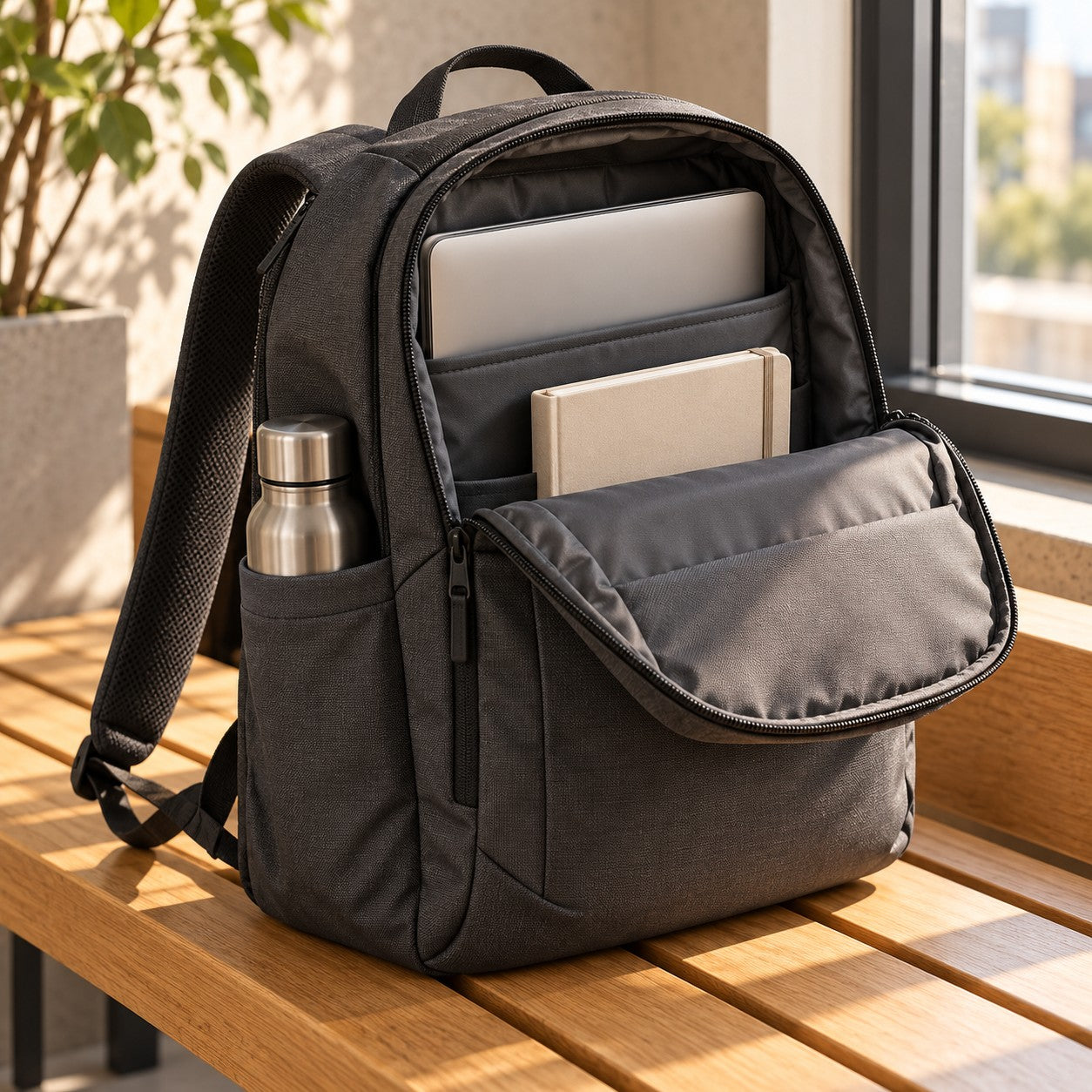 Charcoal commuting backpack with a laptop, notebook and water bottle
