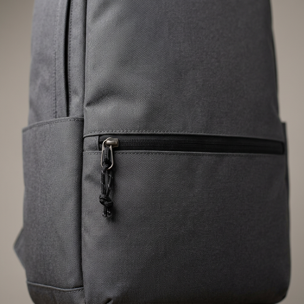 Charcoal Minimalist Commuter Backpack concept: front construction detail
