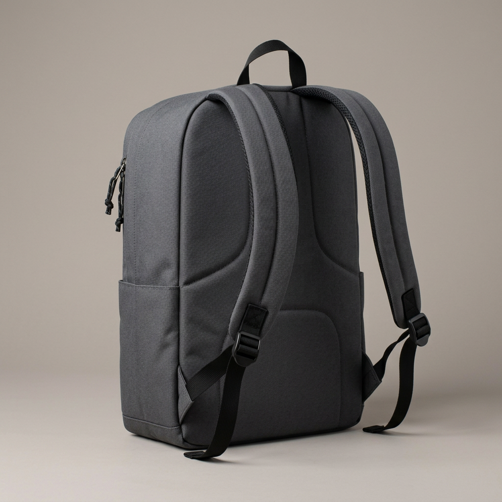 Charcoal Minimalist Commuter Backpack concept: rear straps and handle