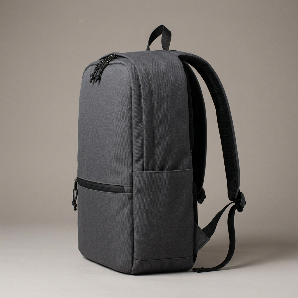 Charcoal Minimalist Commuter Backpack concept: side pocket and silhouette