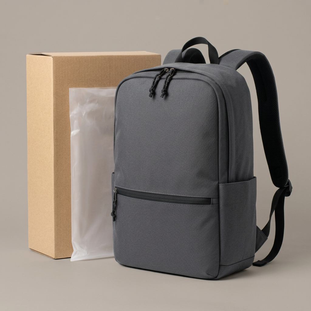 Charcoal Minimalist Commuter Backpack concept: plain kraft carton and translucent protective bag