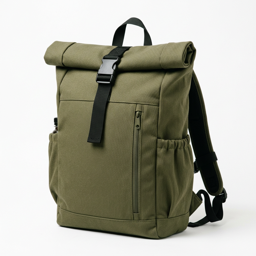 Olive Roll-Top Everyday Backpack concept: white-background concept hero
