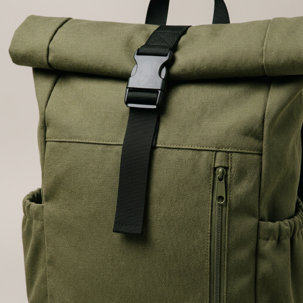 Olive Roll-Top Everyday Backpack concept: front construction detail