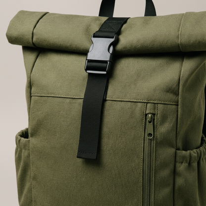 Olive Roll-Top Everyday Backpack concept: front construction detail