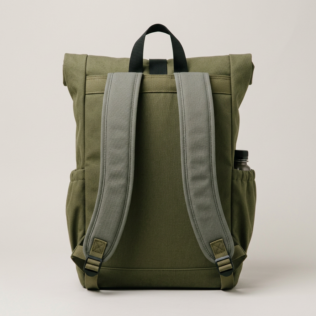 Olive Roll-Top Everyday Backpack concept: rear straps and handle