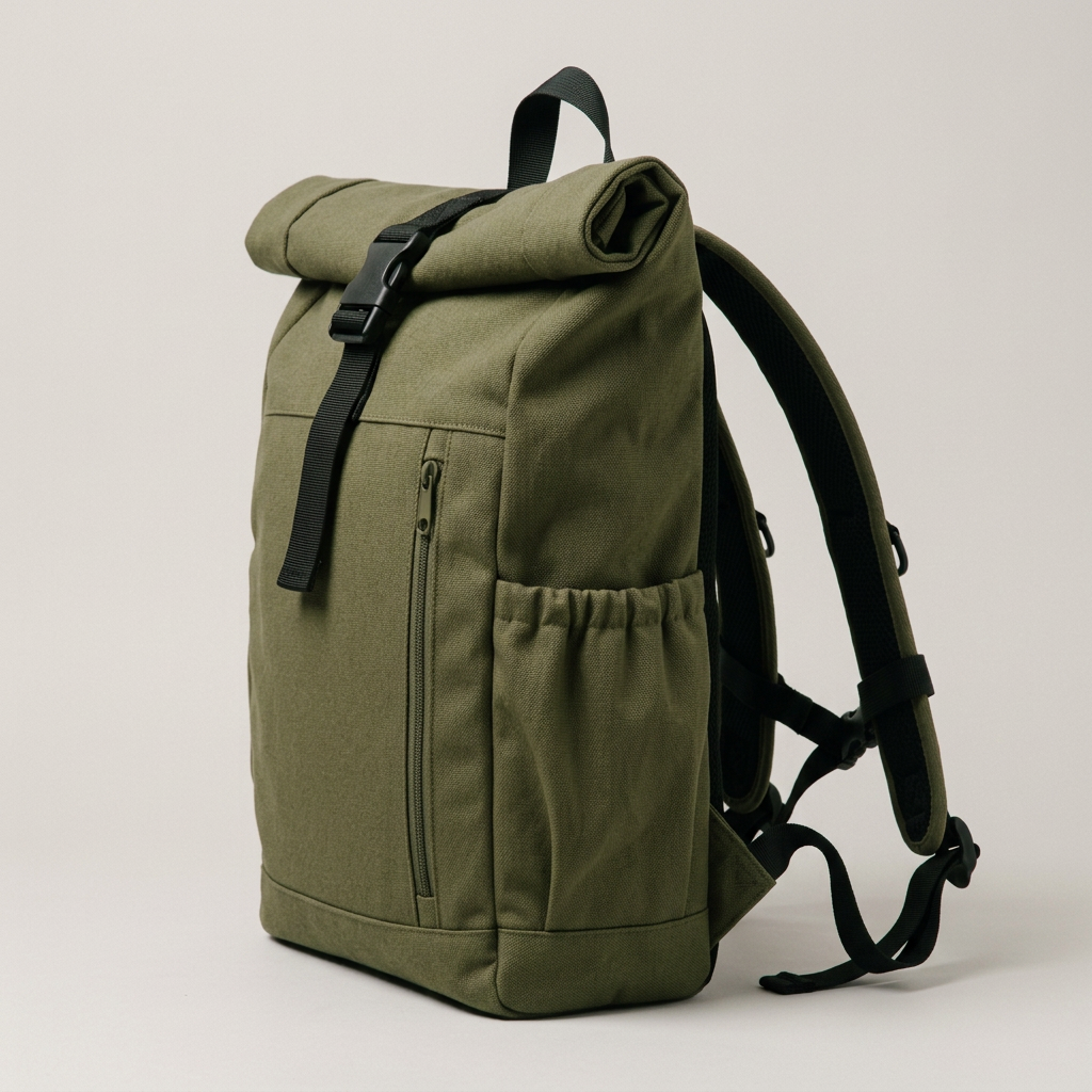 Olive Roll-Top Everyday Backpack concept: side pocket and silhouette