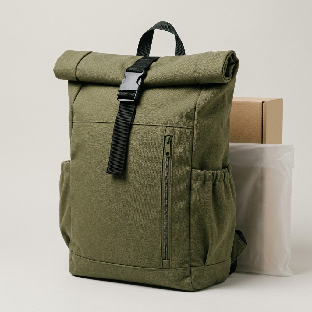 Olive Roll-Top Everyday Backpack concept: plain kraft carton and translucent protective bag