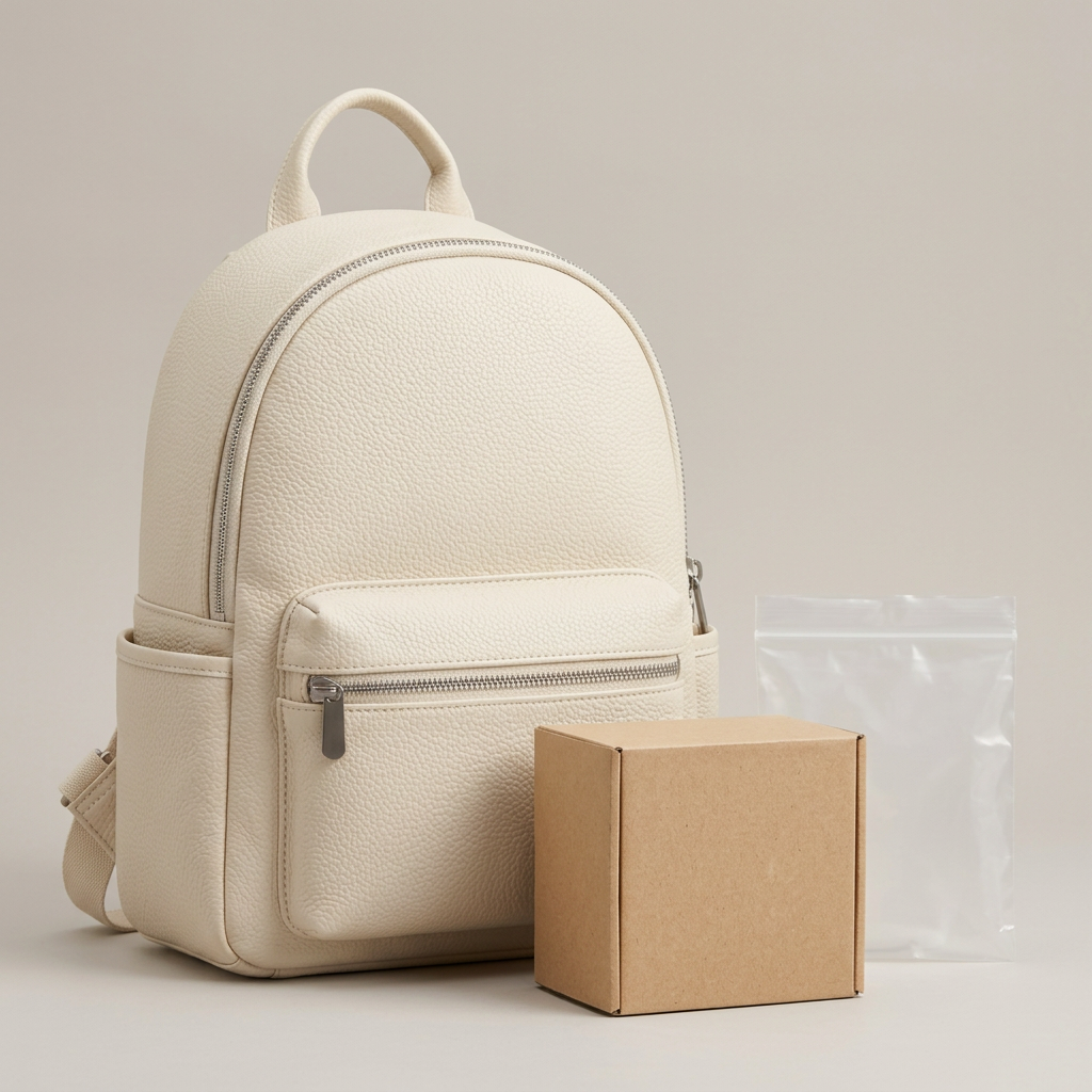 Cream Rounded City Mini Backpack concept: plain kraft carton and translucent protective bag