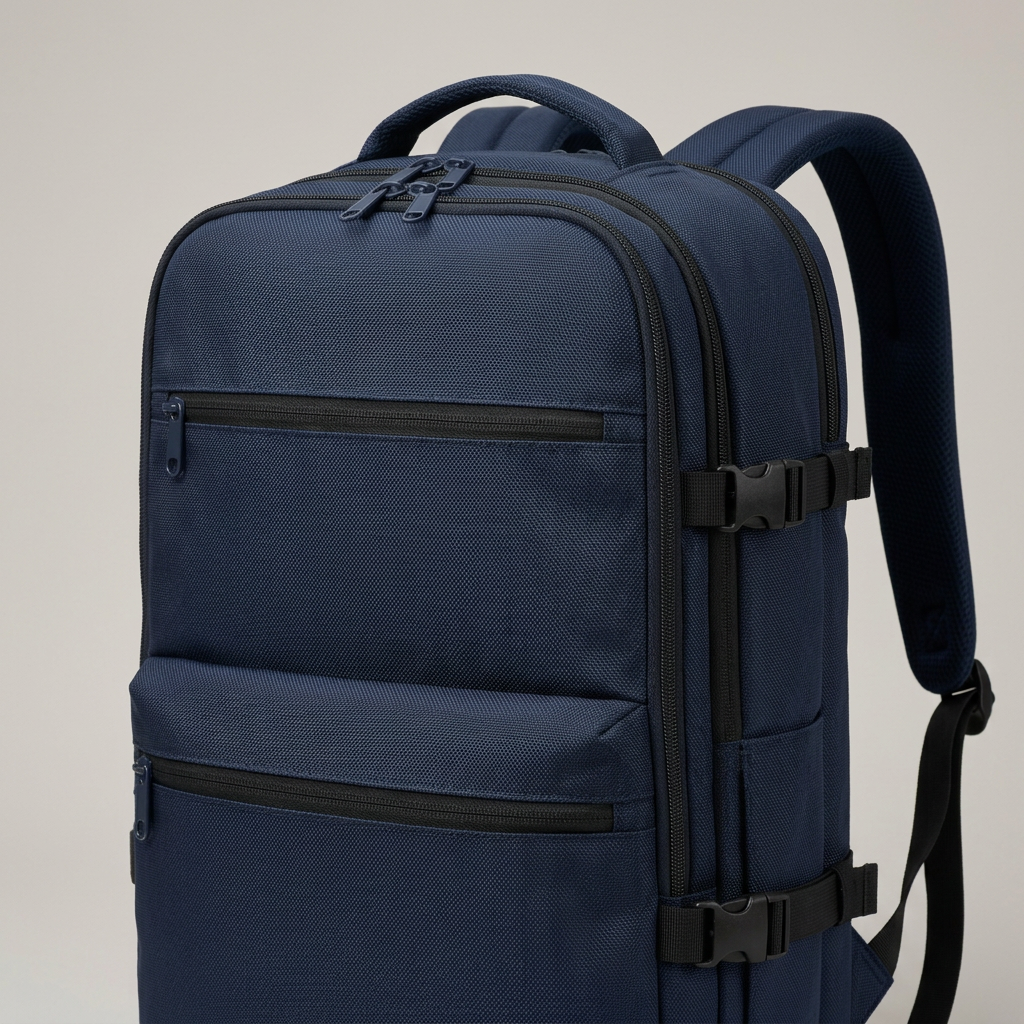 Navy Structured Travel Backpack concept: front construction detail