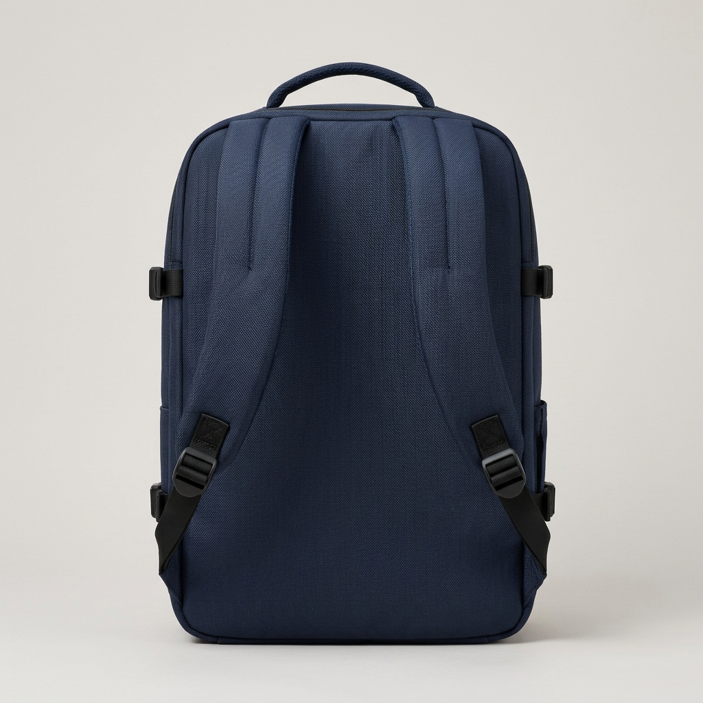 Navy Structured Travel Backpack concept: rear straps and handle