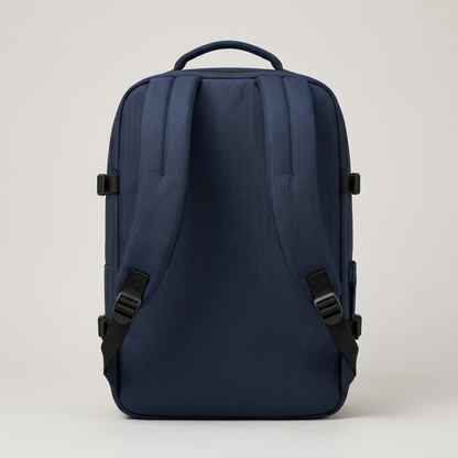 Navy Structured Travel Backpack concept: rear straps and handle
