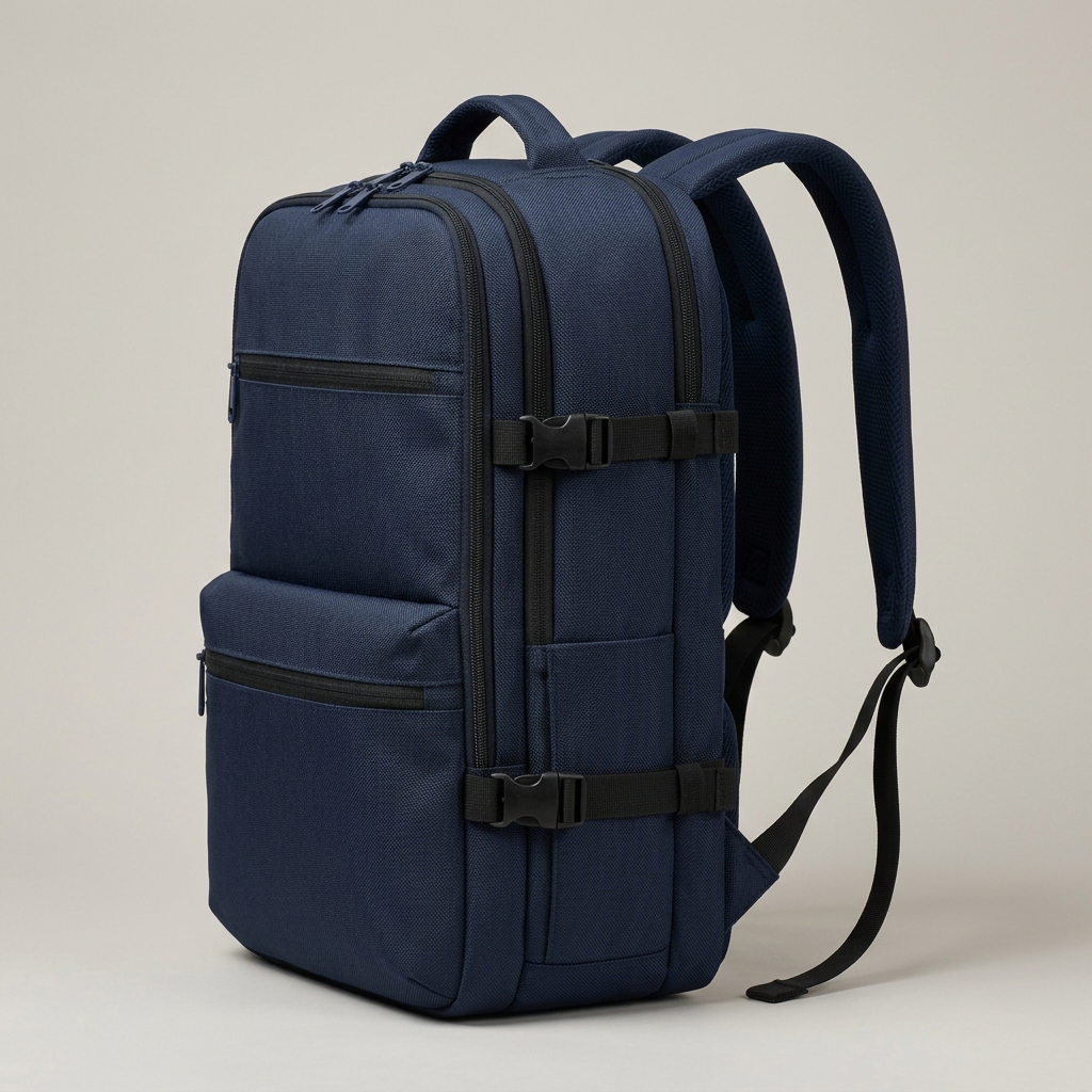 Navy Structured Travel Backpack concept: side pocket and silhouette