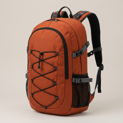 Rust Cord-Front Day Backpack concept: side pocket and silhouette