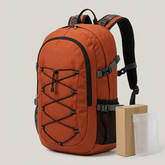 Rust Cord-Front Day Backpack concept: plain kraft carton and translucent protective bag