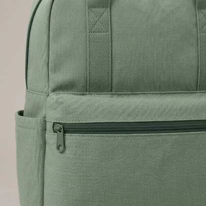 Sage Double-Handle Everyday Backpack concept: front construction detail
