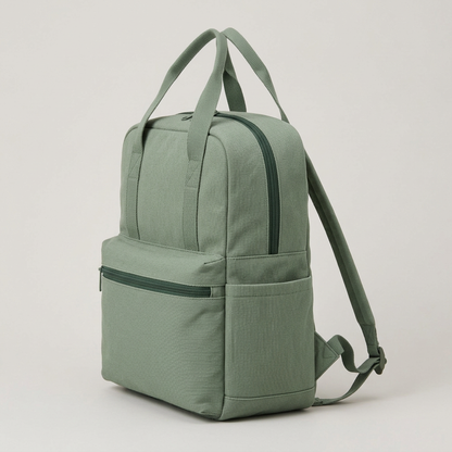 Sage Double-Handle Everyday Backpack concept: side pocket and silhouette