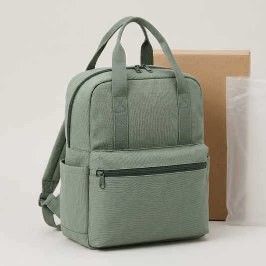 Sage Double-Handle Everyday Backpack concept: plain kraft carton and translucent protective bag