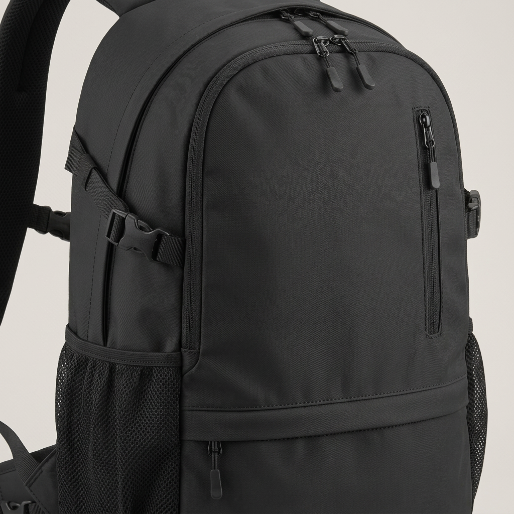 Black Multi-Zip Active Day Backpack concept: front construction detail