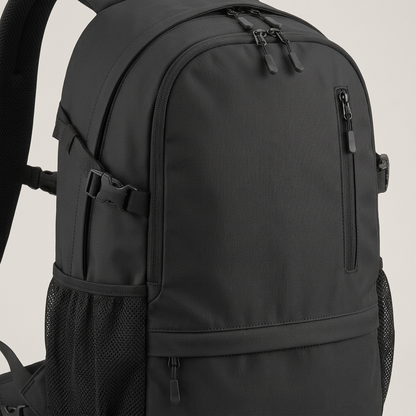 Black Multi-Zip Active Day Backpack concept: front construction detail