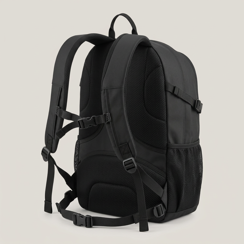 Black Multi-Zip Active Day Backpack concept: rear straps and handle