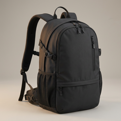 Black Multi-Zip Active Day Backpack concept: side pocket and silhouette