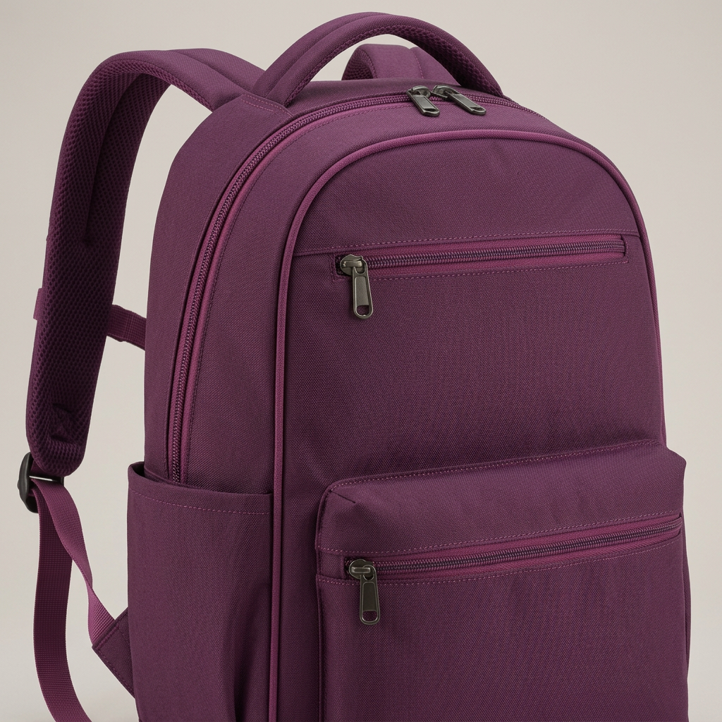 Plum Dual-Pocket Daily Backpack concept: front construction detail