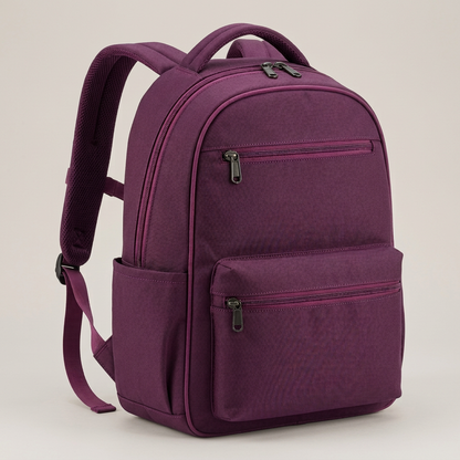 Plum Dual-Pocket Daily Backpack concept: side pocket and silhouette
