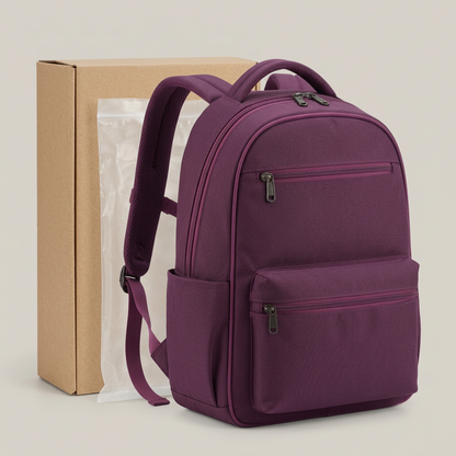 Plum Dual-Pocket Daily Backpack concept: plain kraft carton and translucent protective bag