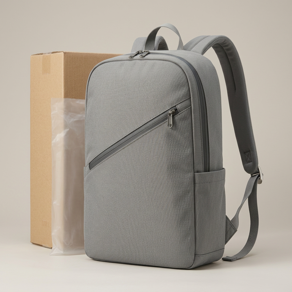 Stone Diagonal-Zip Urban Backpack concept: plain kraft carton and translucent protective bag