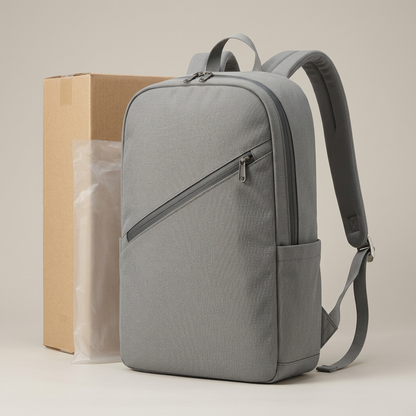 Stone Diagonal-Zip Urban Backpack concept: plain kraft carton and translucent protective bag