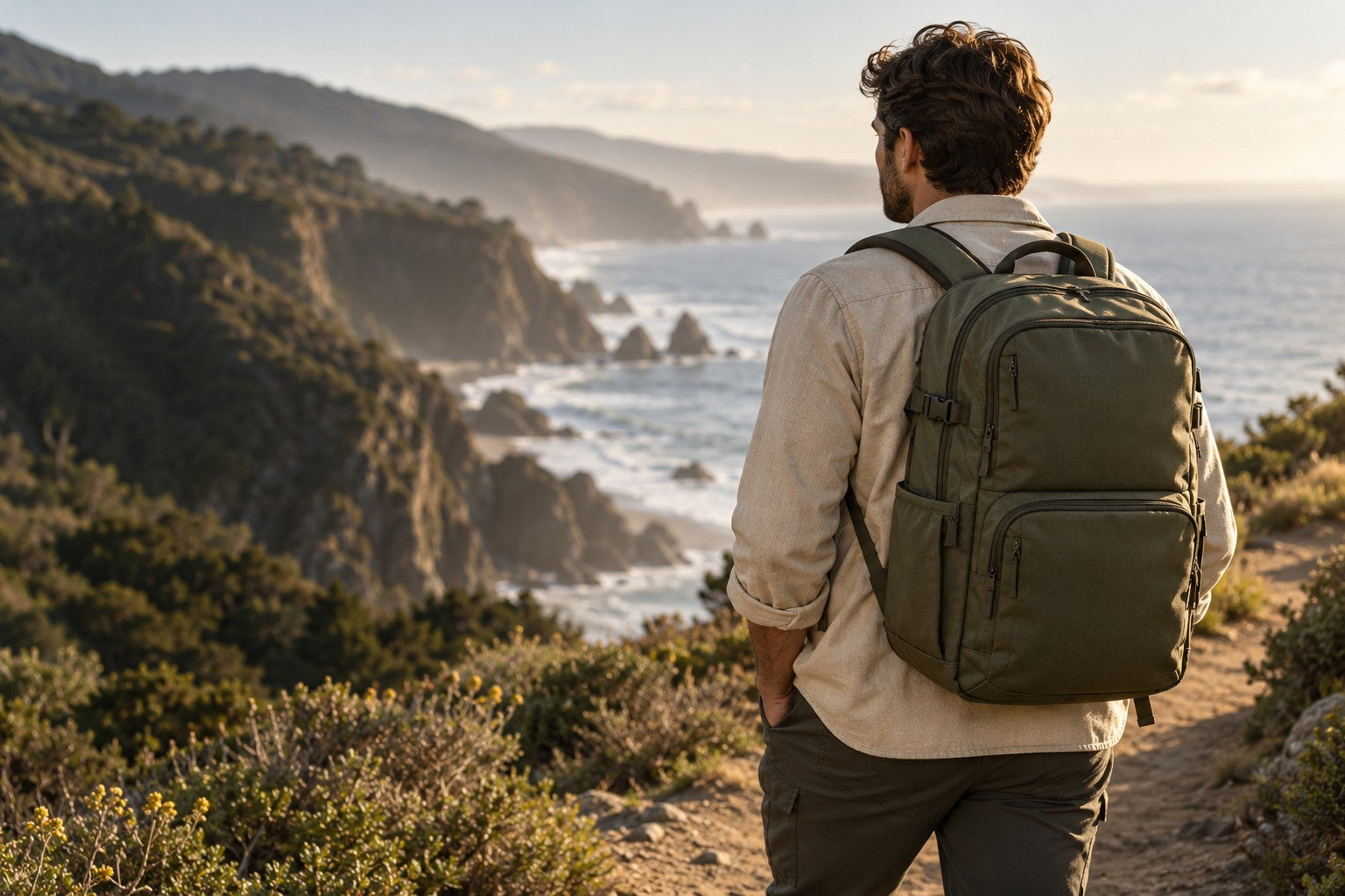 Traveler wearing an olive backpack on a scenic coastal trail